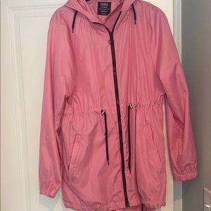 Pink windbreaker parka.